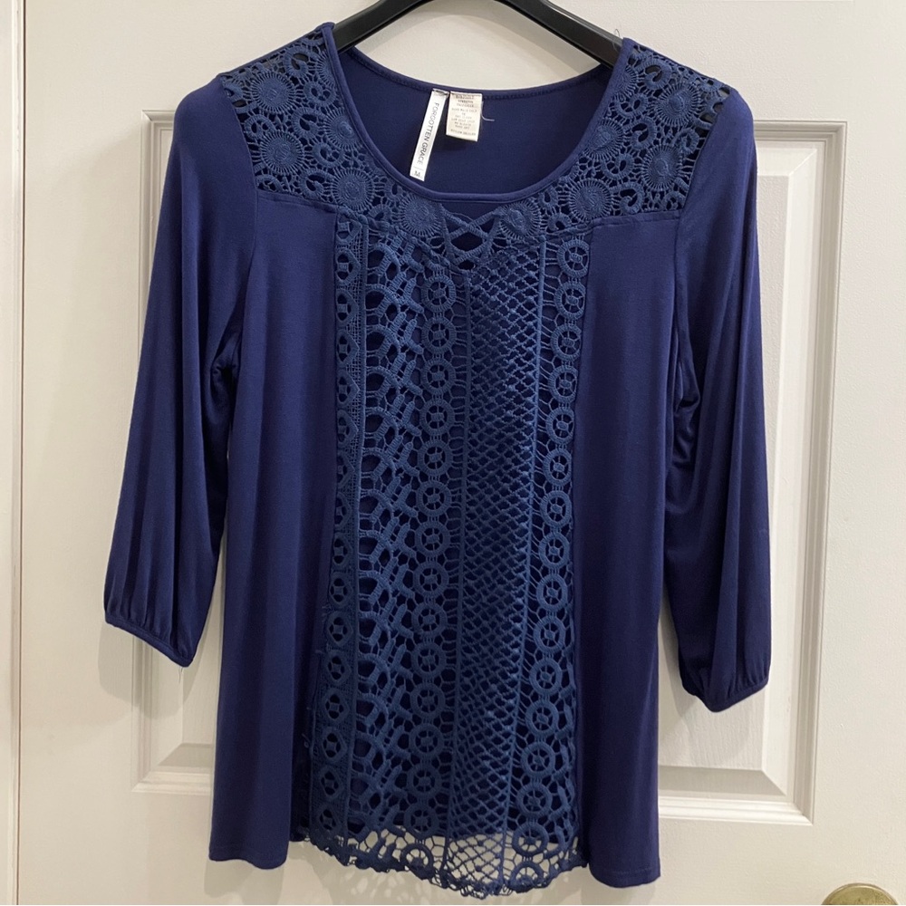 Boho Peasant Blouse With Crochet Front Panel - Size M, Navy Blue